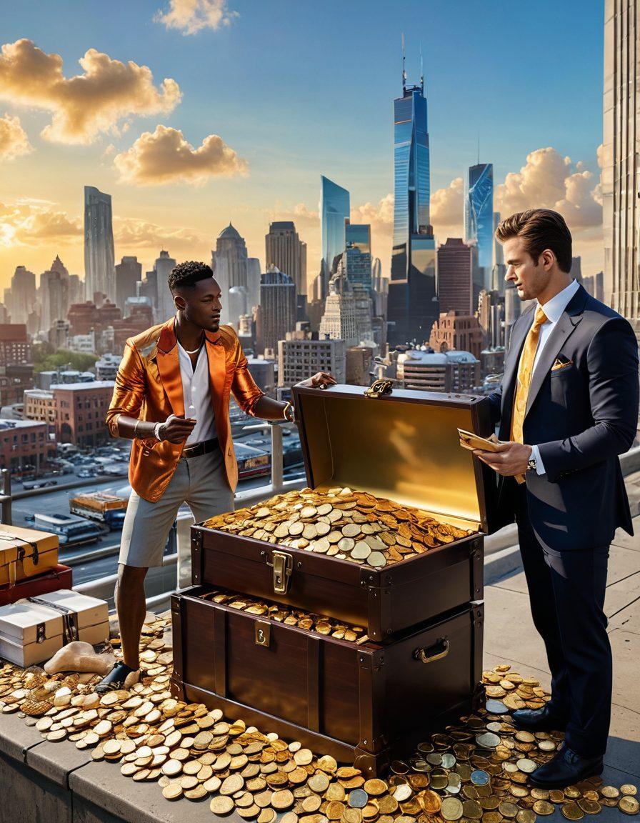 An open treasure chest filled with gold coins and wholesale products like electronics, clothing, and accessories spilling out. A smartly dressed distributor and retailer, excitedly discussing strategies, stand beside the chest. In the background, a city skyline symbolizes growth and opportunity, with a bright sky. The atmosphere conveys success and collaboration in the wholesale industry. vibrant colors. super-realistic.