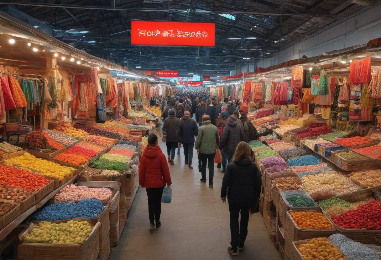 A bustling wholesale marketplace filled with diverse products like textiles, electronics, and food items, where buyers and sellers are engaged in vibrant trade discussions. Include a signage board with the title 'Navigating the Wholesale Marketplace' prominently displayed. Use a warm color palette to evoke a sense of community and collaboration. super-realistic. vibrant colors. dynamic composition.